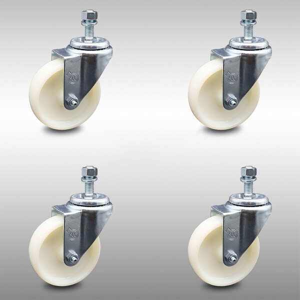 4 Inch SS Nylon Wheel Swivel 10mm Threaded Stem Caster Set